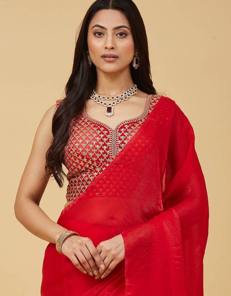 embroidered satin designer saree with blouse 
