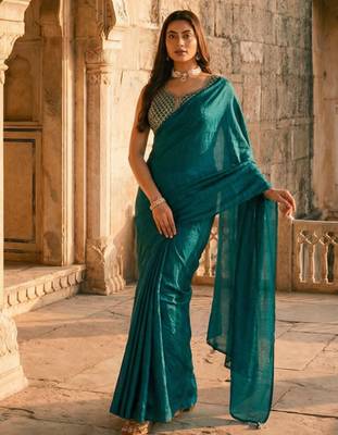 ethnic motifs embroidered satin heavy work saree with blouse  2