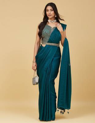 ethnic motifs embroidered satin heavy work saree with blouse  3