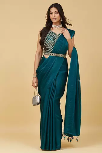 ethnic motifs embroidered satin heavy work saree with blouse 
