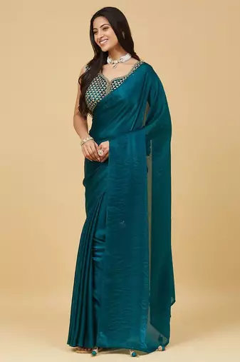 ethnic motifs embroidered satin heavy work saree with blouse 