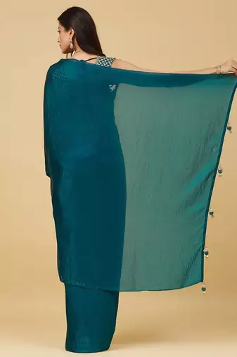 ethnic motifs embroidered satin heavy work saree with blouse 
