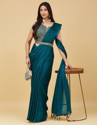 ethnic motifs embroidered satin heavy work saree with blouse  6