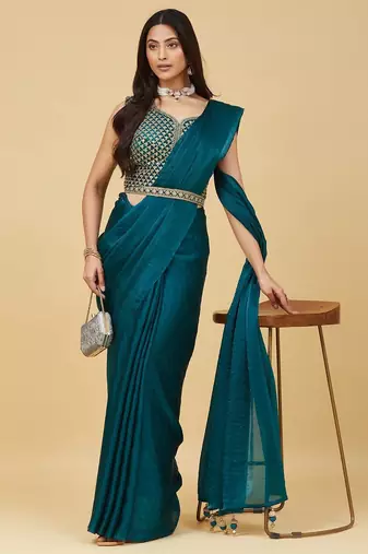 ethnic motifs embroidered satin heavy work saree with blouse 