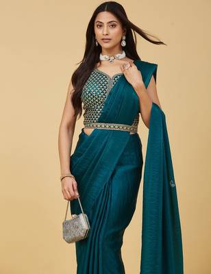 ethnic motifs embroidered satin heavy work saree with blouse  1