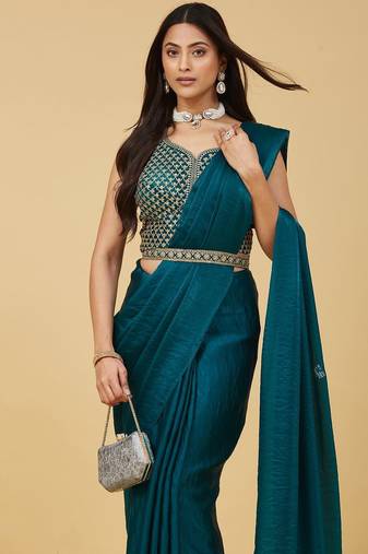 ethnic motifs embroidered satin heavy work saree with blouse 