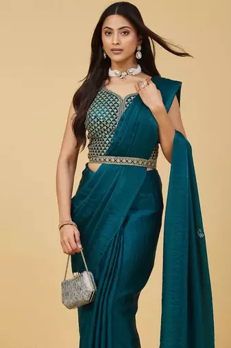 ethnic motifs embroidered satin heavy work saree with blouse 
