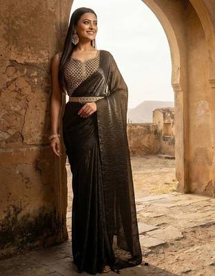 Black embellished embroidered satin designer saree with blouse  2