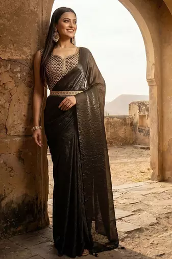 Black embellished embroidered satin designer saree with blouse 