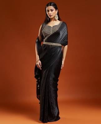 Black embellished embroidered satin designer saree with blouse  3