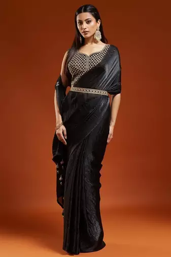 Black embellished embroidered satin designer saree with blouse 