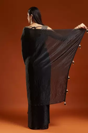 Black embellished embroidered satin designer saree with blouse 