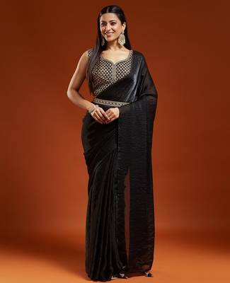Black embellished embroidered satin designer saree with blouse  5