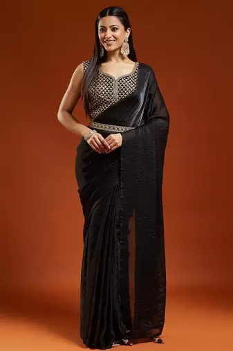 Black embellished embroidered satin designer saree with blouse 