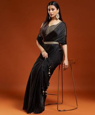 Black embellished embroidered satin designer saree with blouse  6