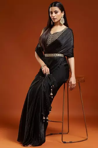 Black embellished embroidered satin designer saree with blouse 