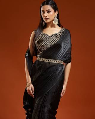 Black embellished embroidered satin designer saree with blouse  1