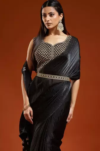 Black embellished embroidered satin designer saree with blouse 