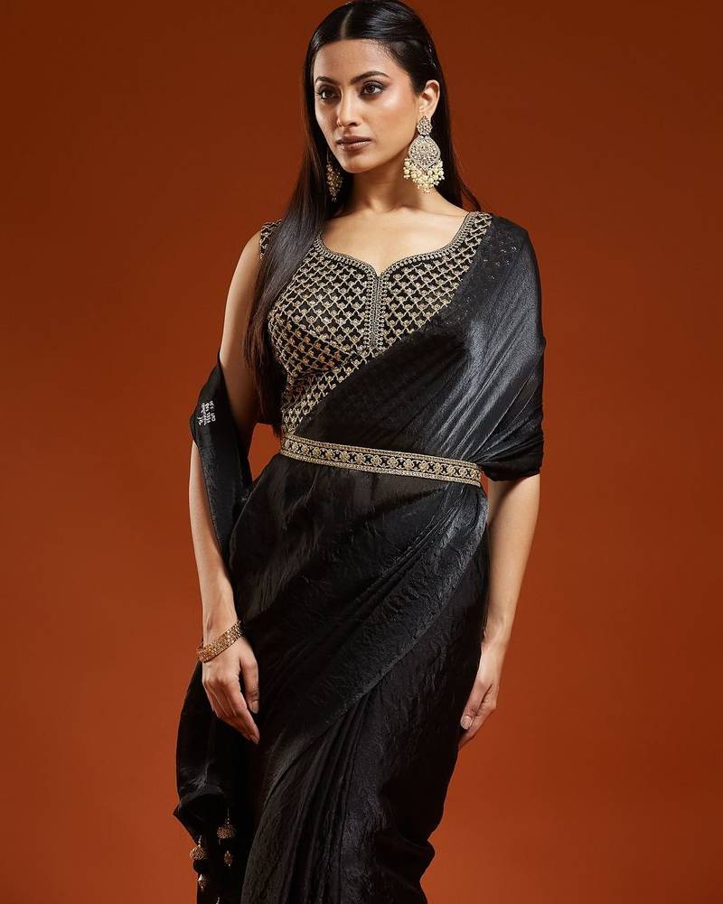 Black embellished embroidered satin designer saree with blouse 