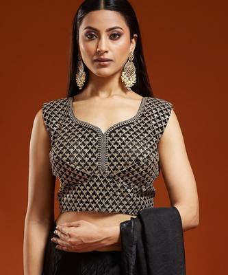 Black embellished embroidered satin designer saree with blouse  7