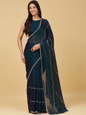 Teal ombre gotta patti satin saree with blouse  2