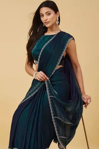 Teal ombre gotta patti satin saree with blouse 