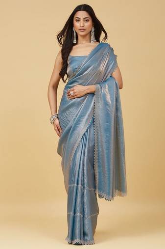 Blue beads and stones silk blend saree with blouse 