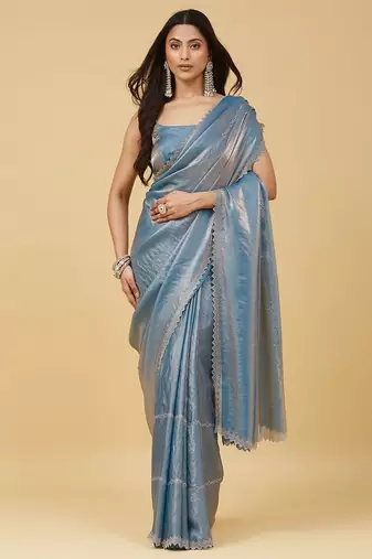 Blue beads and stones silk blend saree with blouse 