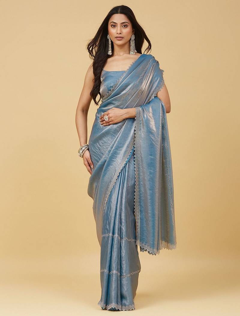 Blue beads and stones silk blend saree with blouse 