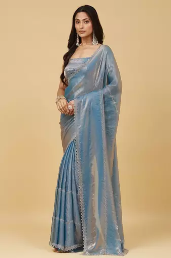 Blue beads and stones silk blend saree with blouse 