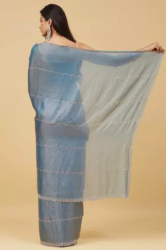 Blue beads and stones silk blend saree with blouse 