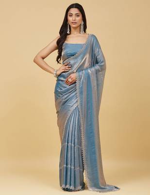 Blue beads and stones silk blend saree with blouse  4