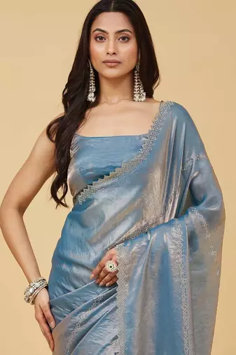 Blue beads and stones silk blend saree with blouse 
