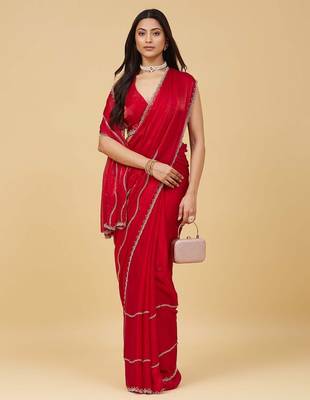 Red embellished zari satin heavy work saree with blouse  2