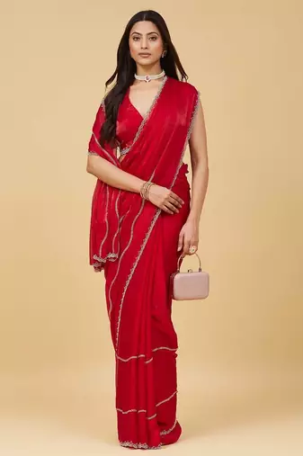 Red embellished zari satin heavy work saree with blouse 