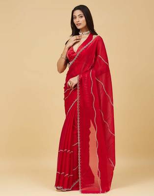Red embellished zari satin heavy work saree with blouse  3