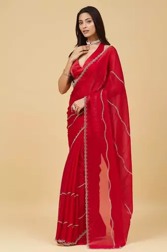Red embellished zari satin heavy work saree with blouse 