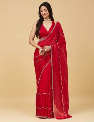 Red embellished zari satin heavy work saree with blouse  5
