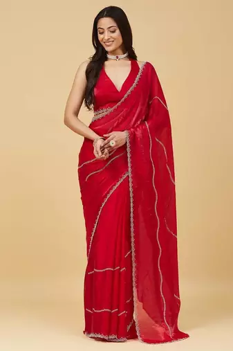 Red embellished zari satin heavy work saree with blouse 