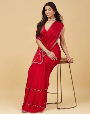 Red embellished zari satin heavy work saree with blouse  6