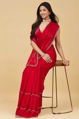 Red embellished zari satin heavy work saree with blouse 