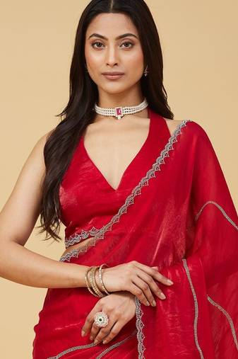 Red embellished zari satin heavy work saree with blouse 