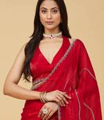 Red embellished zari satin heavy work saree with blouse 