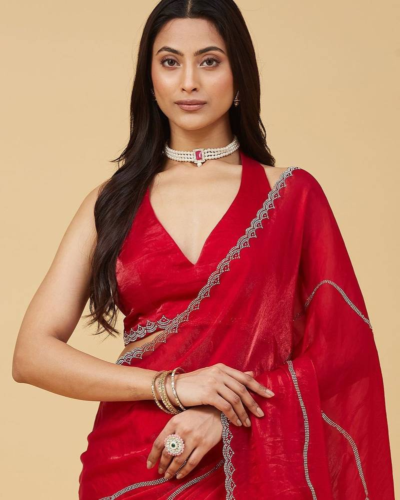 Red embellished zari satin heavy work saree with blouse 