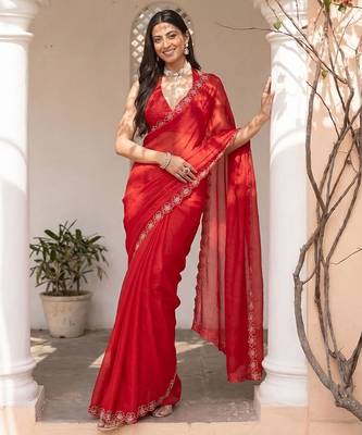 Red floral beads and stones satin designer saree with blouse  2