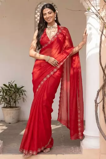 Red floral beads and stones satin designer saree with blouse 