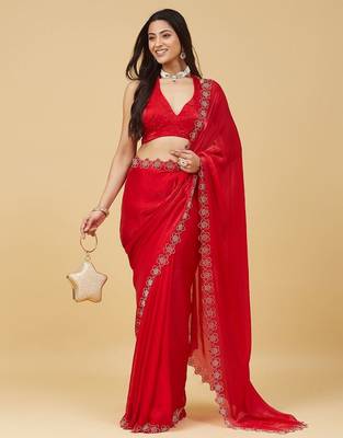 Red floral beads and stones satin designer saree with blouse  3