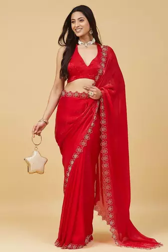 Red floral beads and stones satin designer saree with blouse 