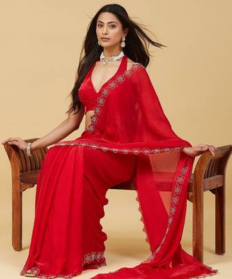 Red floral beads and stones satin designer saree with blouse  4