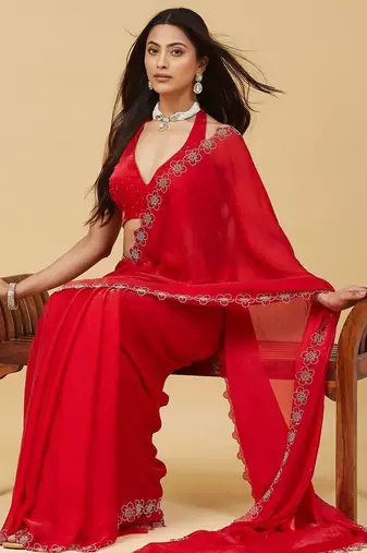Red floral beads and stones satin designer saree with blouse 